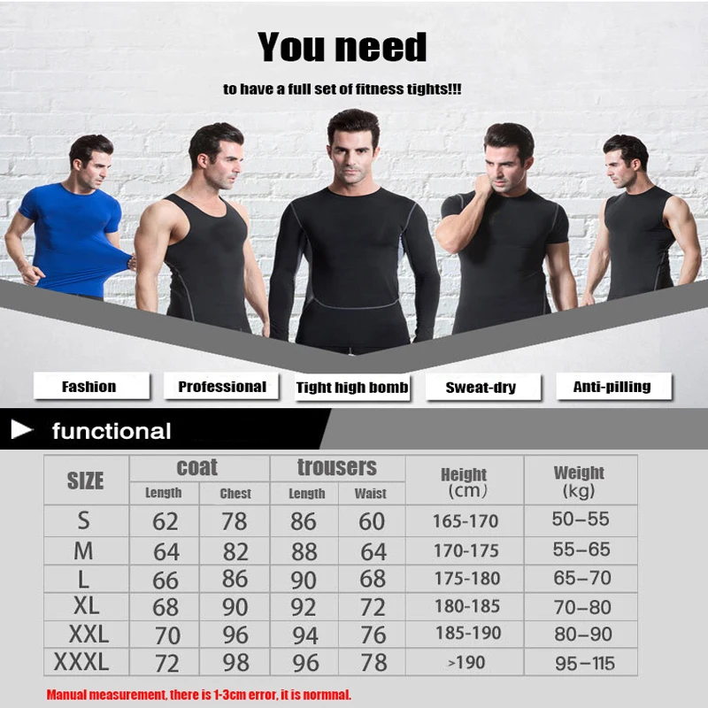 

Black Motorcycle 4 Seasons Skiing Warm Base Layers Sportswear Men's Thermal Underwear Set Tight Long shirt & Tops Set clothing