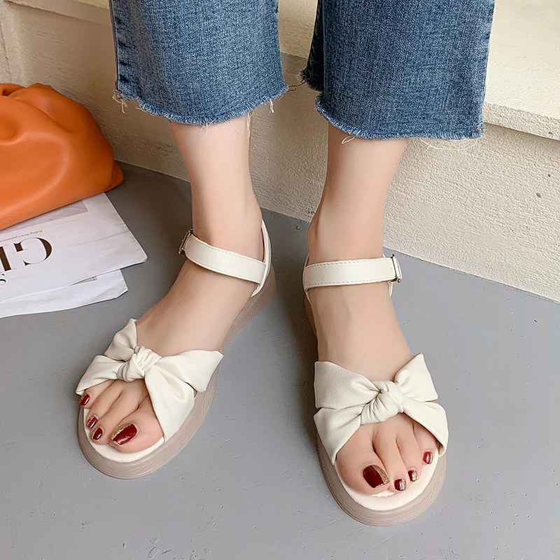 

Bow Shoes Beige Heeled Sandals Buckle Strap 2021 Summer Black Comfort Flat Low Gladiator Girls Clear New Fashion Scandals Rubber