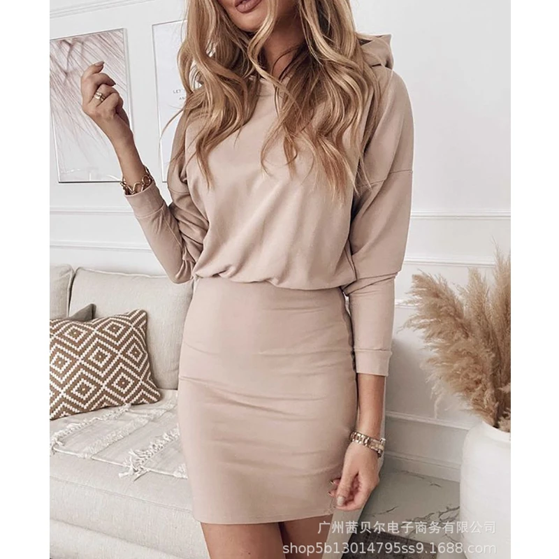 

WEPBEL Fashion O-Neck Dress Women's Sexy Solid Color Long Sleeve Dress Summer High Waist Slim-Fit Hooded Dress