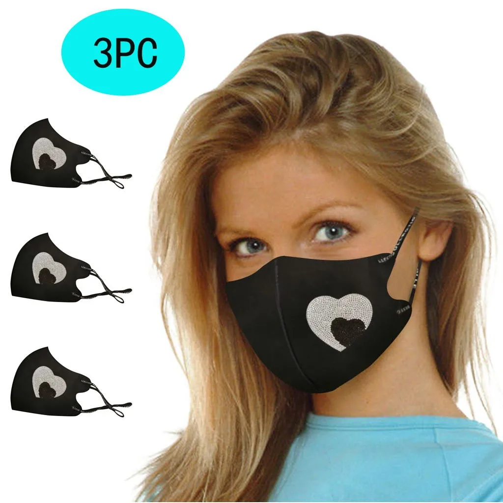 Маска для лица с рисунком из страз для женщин и девочек, 3 штуки, черная, моющаяся, защищает от ветра и может быть использована многократно.