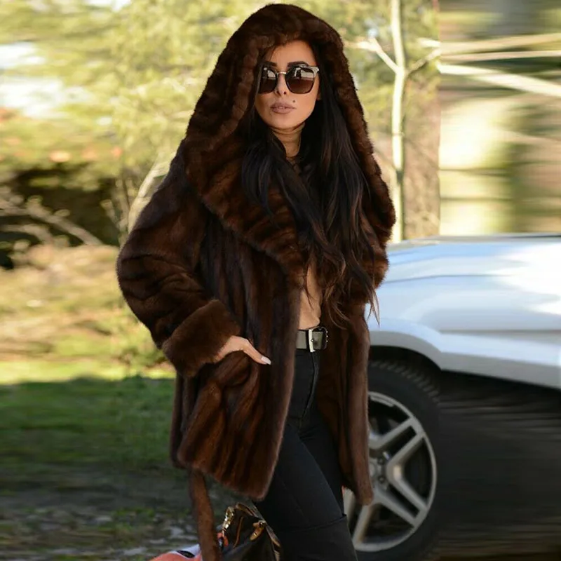 Winter Fashion Women Real Mink Fur Coat With Big Hood Thick Warm Full Pelt Genuine Mink Fur Jacket With Fur Belt Outwear Luxury