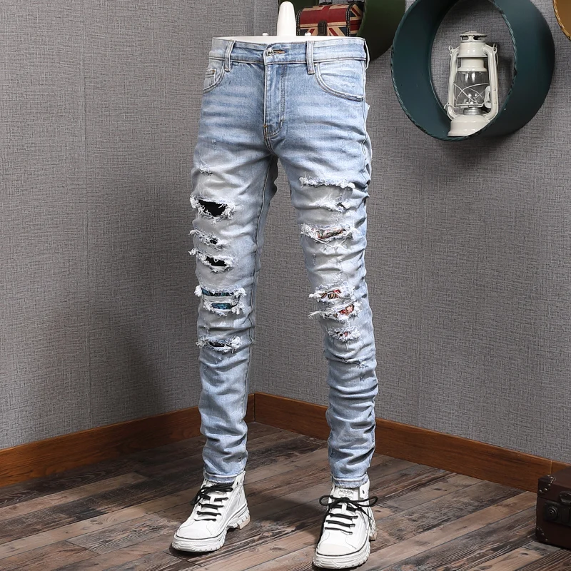 Streetwear Fashion Men Jeans Retro Light Blue Elastic Slim Fit Destroyed Ripped Jeans Men Patch Designer Hip Hop Denim Pants