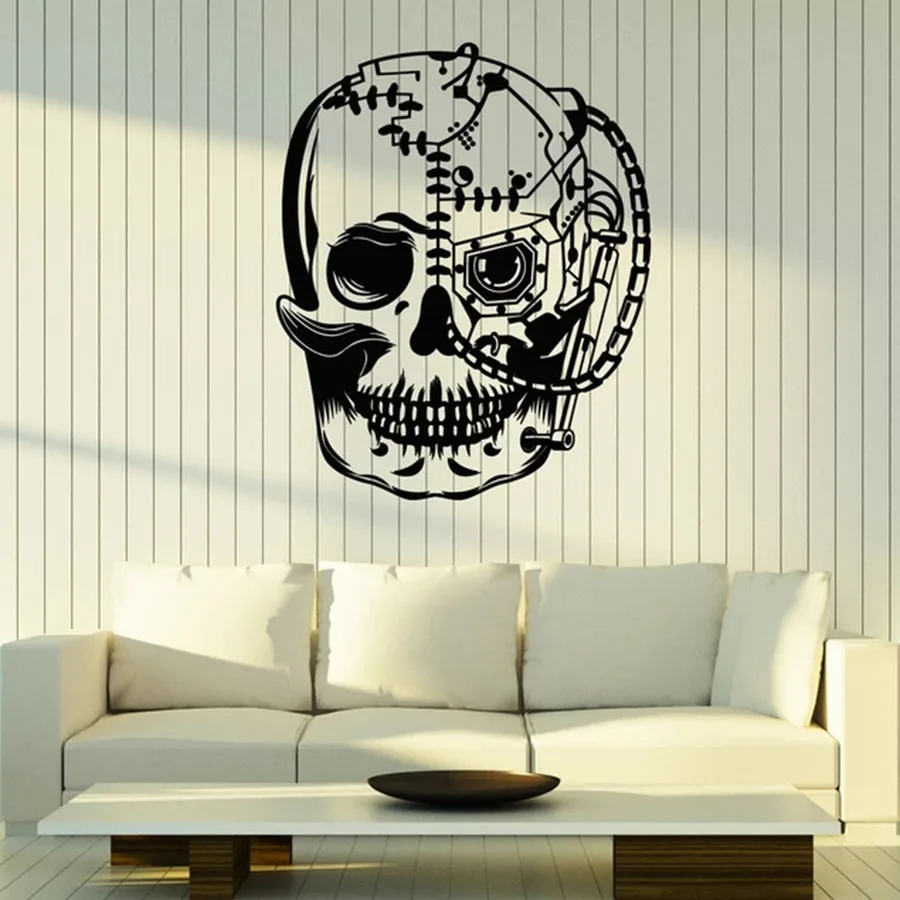 Крутая стильная настенная наклейка киборг робот механический череп Виниловая на