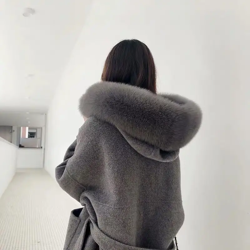 Корейское длинное кашемировое пальто с настоящим бренд Fox Fur Trim Hoodie теплое плотное пальто с большими карманами женская верхняя одежда зимнее пальто