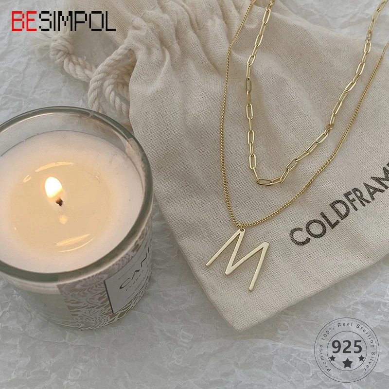 

Besimpol Real 925 Sterling Silver Letter M Necklace Stylish Elegant Double Layer Necklace For Women Luxury Fine Jewelry Gifts