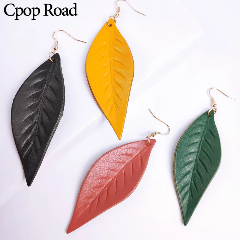 

Cpop Vintage Genuine Cowhide Leather Earrings Leaf Solid Color Dangle Earrings Fashion Jewelry Women Accessories Hot Sale Gifts