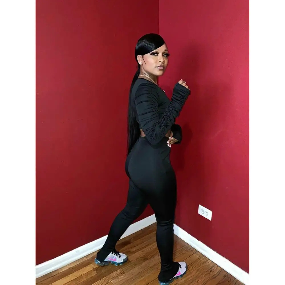 

Two Pieces Set Stacked Joggers Legging Sweatpants Women Sets Clothes Sports Solid Color Long Sleeve Ruched Crop Top + Pants