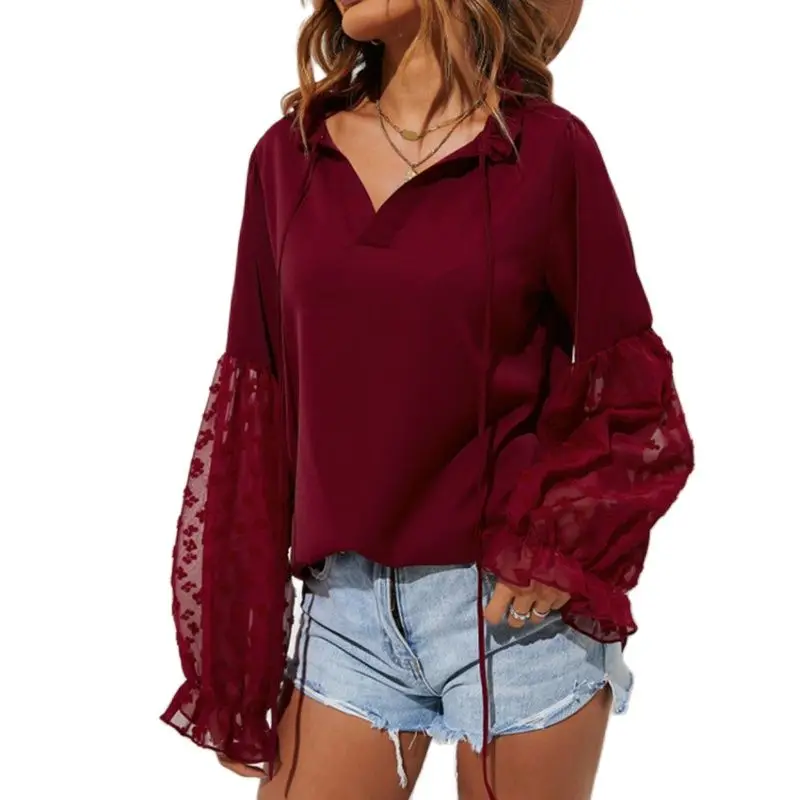 

Autumn Long Spliced Petal Sleeve Woman Top Shirt Blous V-neck Female Fashion Casual Tops Out Tops Office Lady Loose Blouses