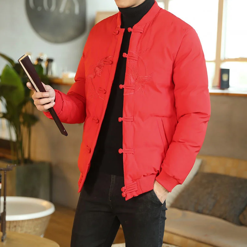 MRGB Men's Winter Fleelce Thick Bubble Coat Chinese Lucky Cloud Embroidery Solid Color Casual Parka Male Fashion Cotton Coat