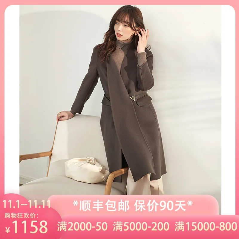

Women double sided dark coffee wool cashmere overcoats winter woolen jackets high end long handmade outwear plus size