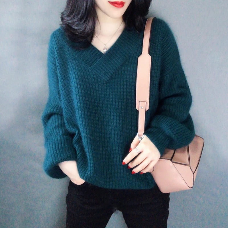 High Quality Women Knitted Sweater V-neck Casual Solid White Female Sweaters Pullover Femme | Женская одежда