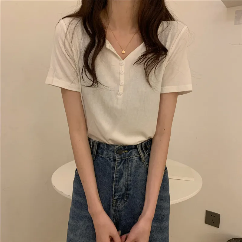 

T Shirt Womens Summer New Button Solid Simple Casic Short Tops Female V Neck Slim Thin Short Sleeve Korean Tees T-Shirts Femme