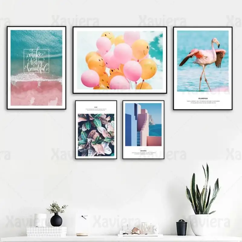 

Nordic Tropical Art Poster Flamingo Smile Balloon Leaves Beach Seascape Canvas Painting Pictures Wall Art Living Room Home Decor
