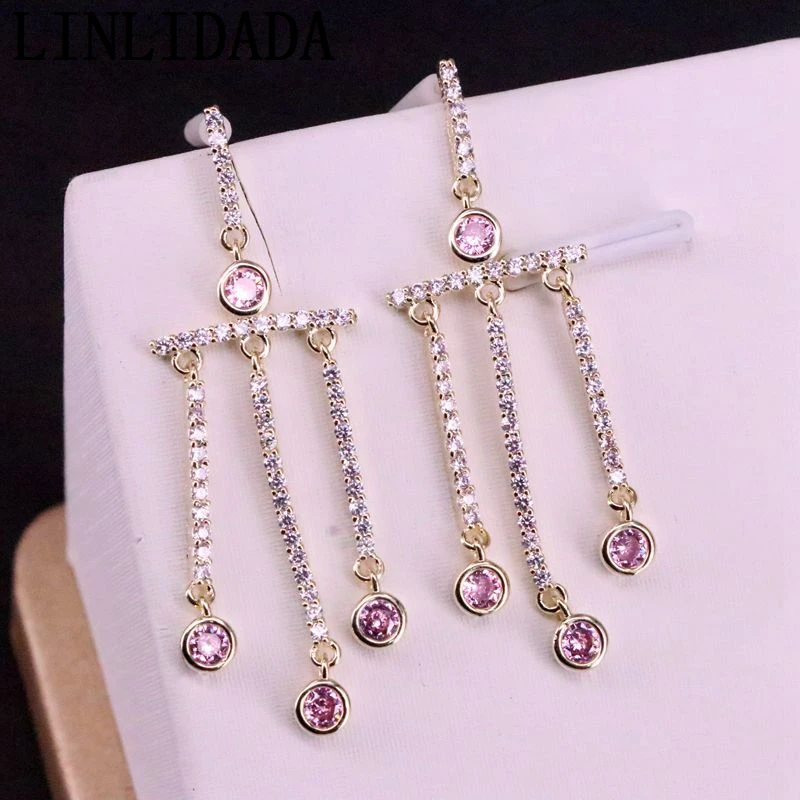 

5Pair Latest Fashion CZ Micro Pave Gold Color Chain Tassel Dangle Earring Gorgeous Cubic Zirconia Earrings For Women