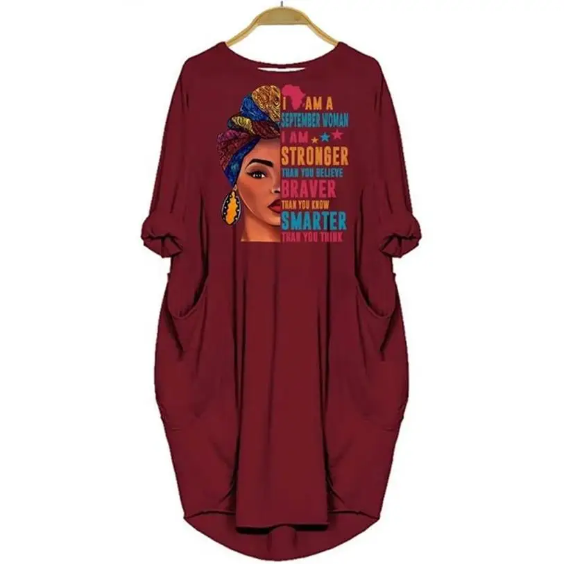 

100% Cotton Dress I Am A Spetember Women I Am Stronger Letters Print Pocket Dress Beach Vintage Maxi Vestidos Zanzea Floral