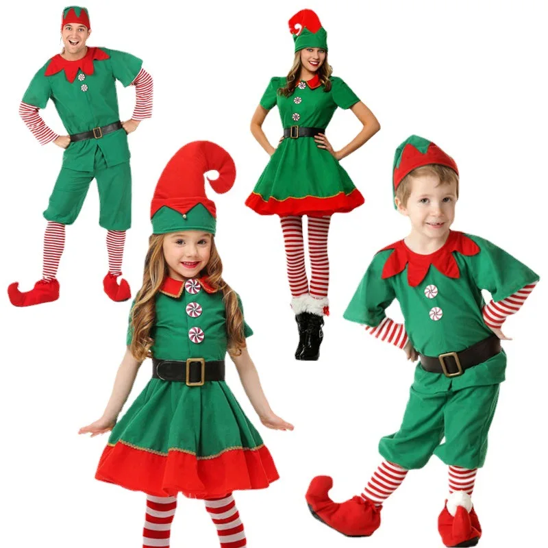 Men Women Girls Boys Christmas Santa Claus Costume Green Elf Cosplay Family Party New Year Fancy Dress Clothes Set For |