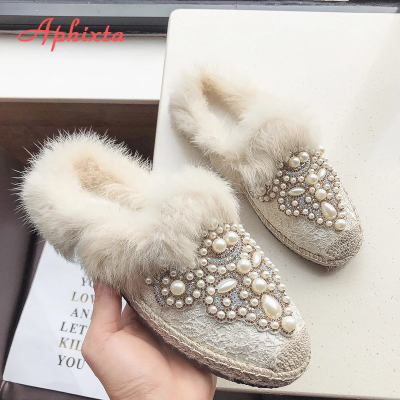 Aphixta Зимние Теплые Тапки из натурального меха женская обувь кружевные жемчужные