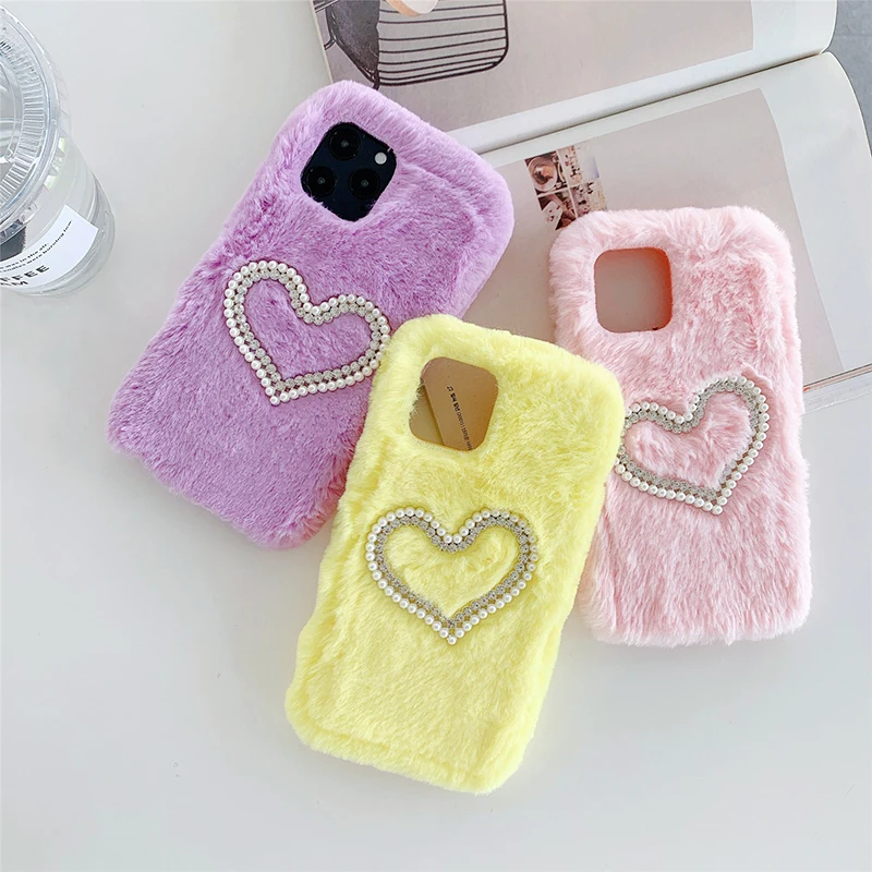 Жемчужный пушистый чехол с сердечками из кроличьего меха для iPhone 12 Mini 11 Pro Max SE 2020 6