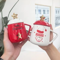 ceramic coffee mug christmas theme with lid with spoon handle cute cup kitchen household coffee milk holiday gift large capacity
