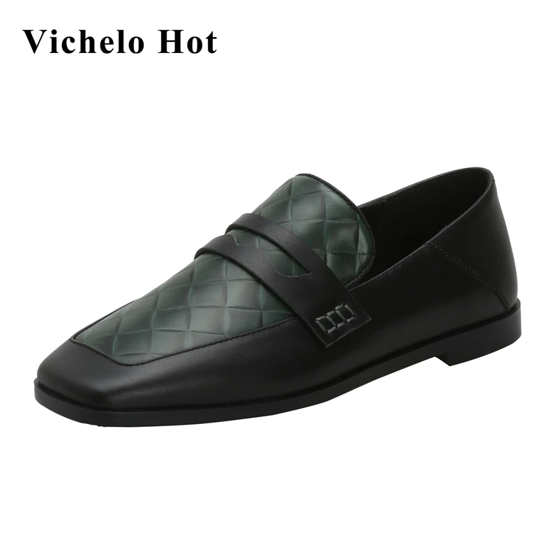 

Vichelo Hot new British style retro fashion mixed colors genuine leather square toe low heel leisure deep mouth women pumps Ld6