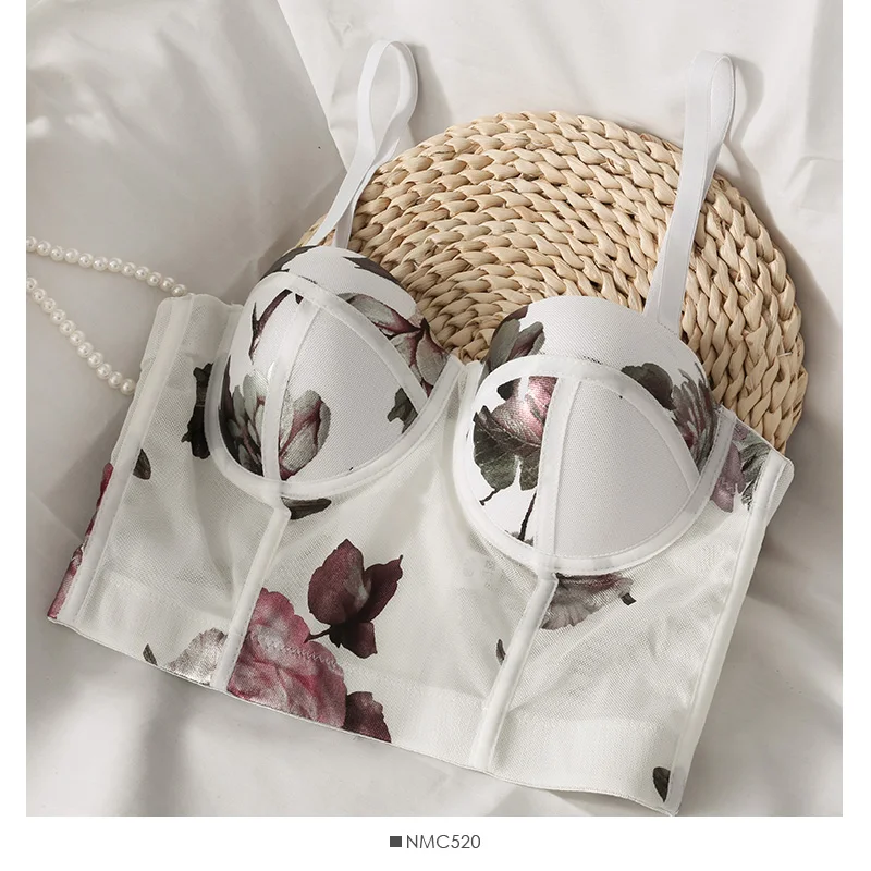 

French net yarn printing crop tops sexy spaghetti strap tanke top 2021 summer new off shoulder sleeveless camis for women ins