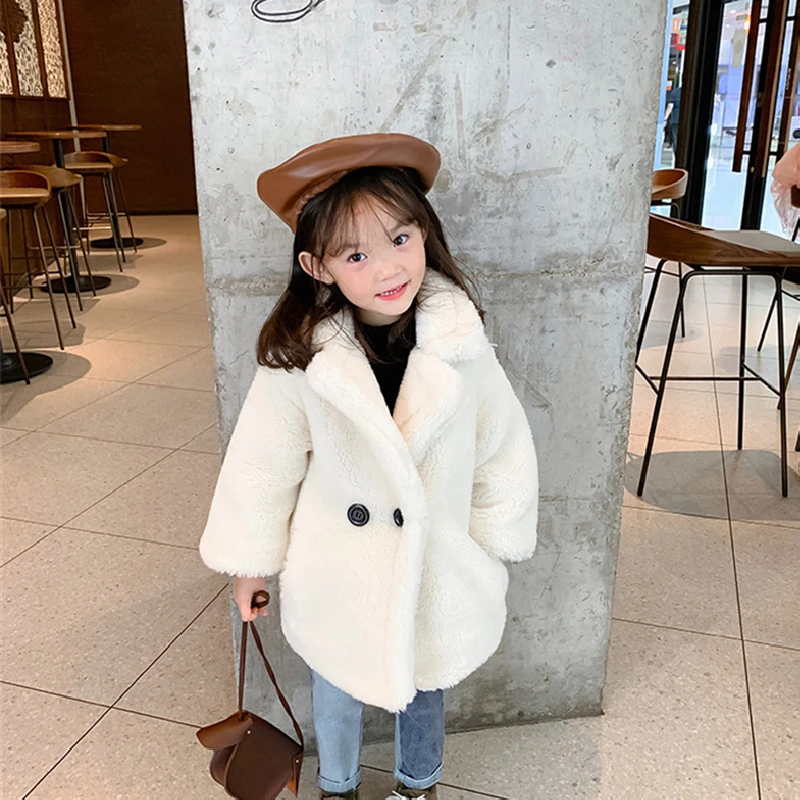 2-9Y Kids Girls Faux Fur Coats 2022 Winter Thicken Warm Mid-length Cashmere Coat for Children's Boys Clothing Christmas