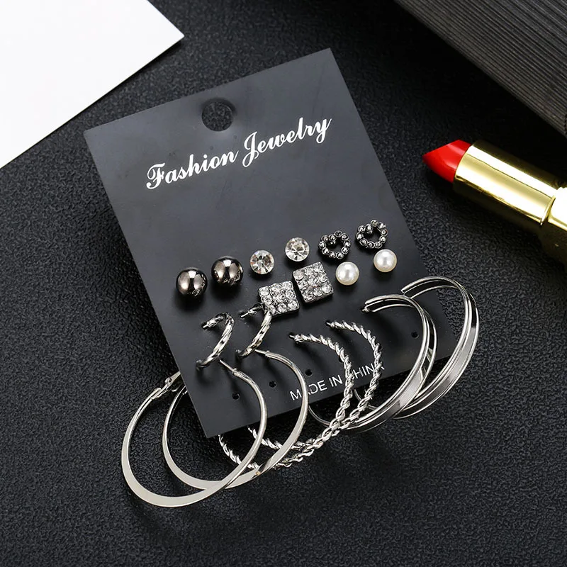 Набор женских серег-гвоздиков из нержавеющей стали сережки-кольца в богемном