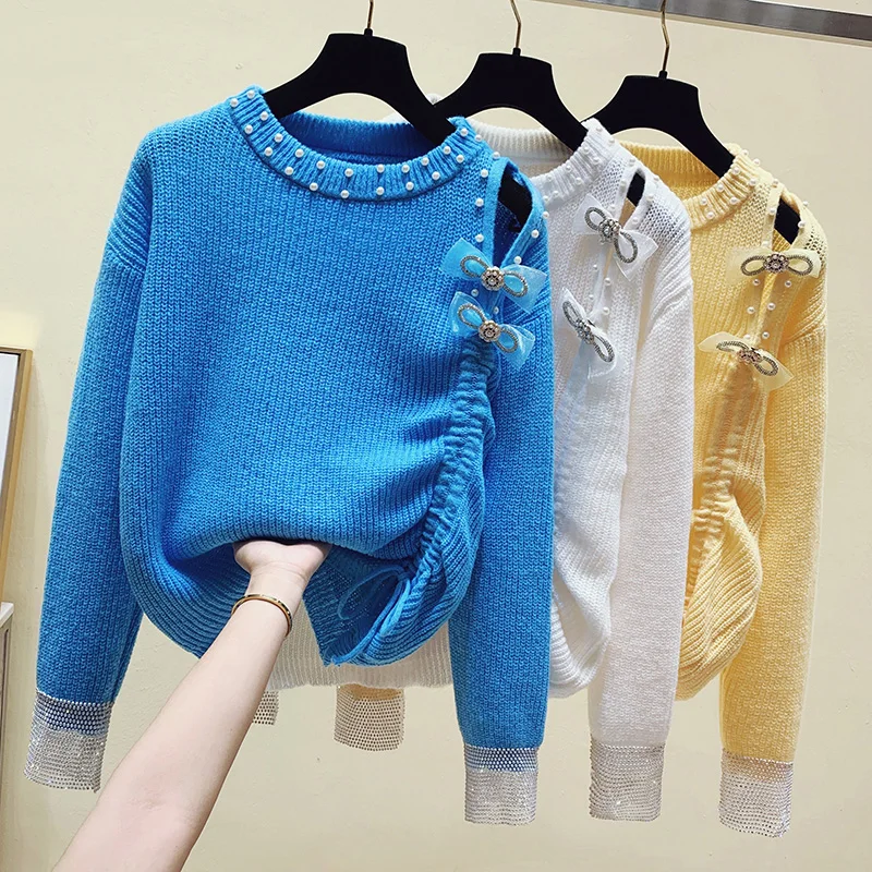 

European Fashion Women's Sweaters Fall Lazy Streetwear Knitted Pullovers Pearls Beading Diamonds Bow Hollow Sexy Pull Femme Tops