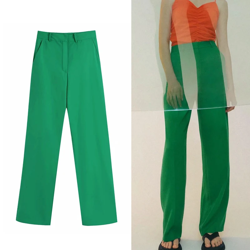 

TRAF Za 2021 зеленые штаны женские брюки с широкими штанинами женские брюки с высокой талией прямые мешковатые штаны женские летние широкие брюк...