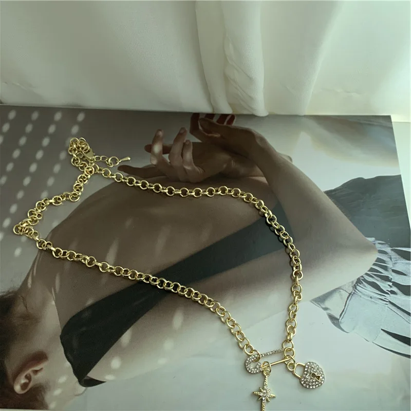 

TIMEONLY Japanese Style Double Layering Shinning Rhinestones Star Lock Chain Brooch Choker Necklace for Women Ladies Necklaces