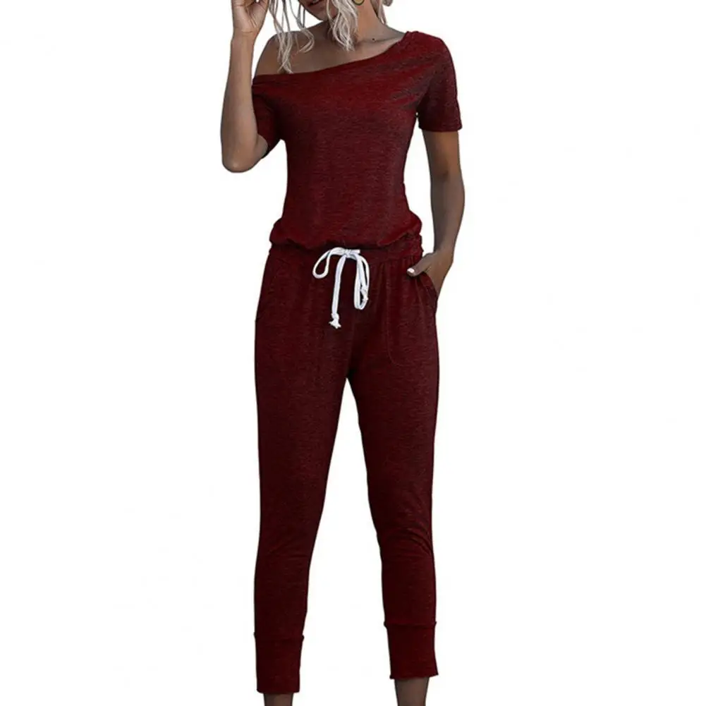 

Женские летние комбинезоны 2021, облегающие комбинезоны со шнуровкой и карманами, с косым воротником и коротким рукавом, со средней талией, же...