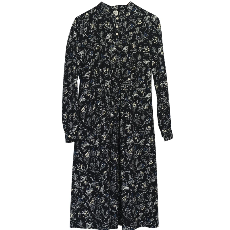 

CYNTHIA Women Cotton Dresses Female Vintage Floral-printed Long-sleeve Mandarin Collar Waisted Bow-tie Autumn Dress 20QDC-119