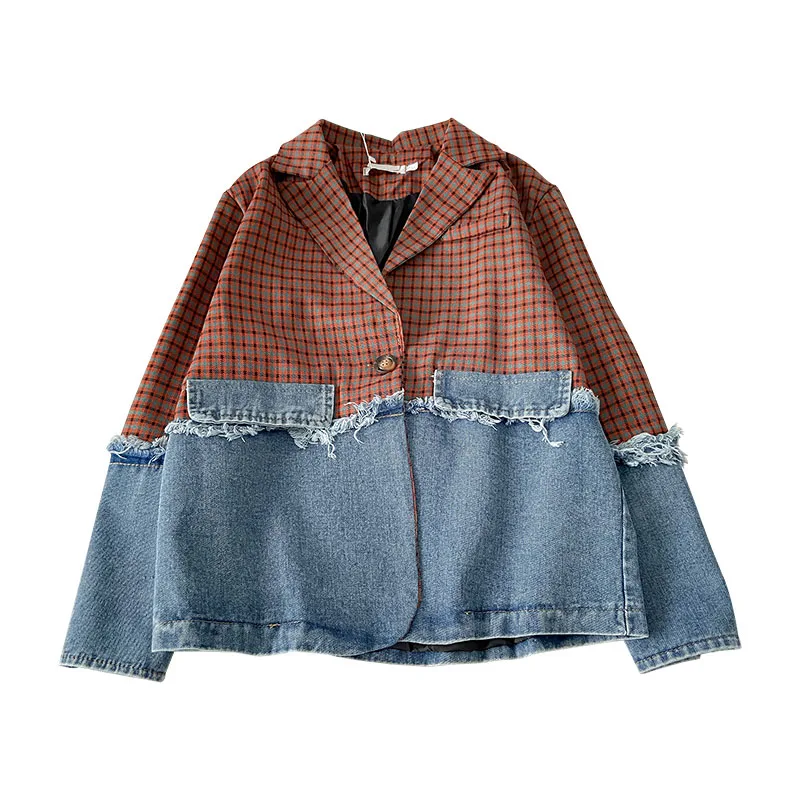 Винтажные шикарные клетчатые женские джинсовые куртки в стиле пэчворк на весну и