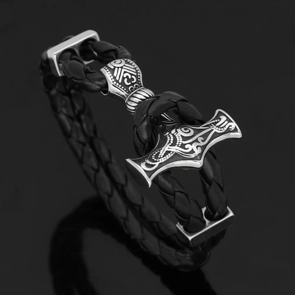 Новинка 2019 браслет из нержавеющей стали Vikings Thor's Hammer ретро кожаный веревочный