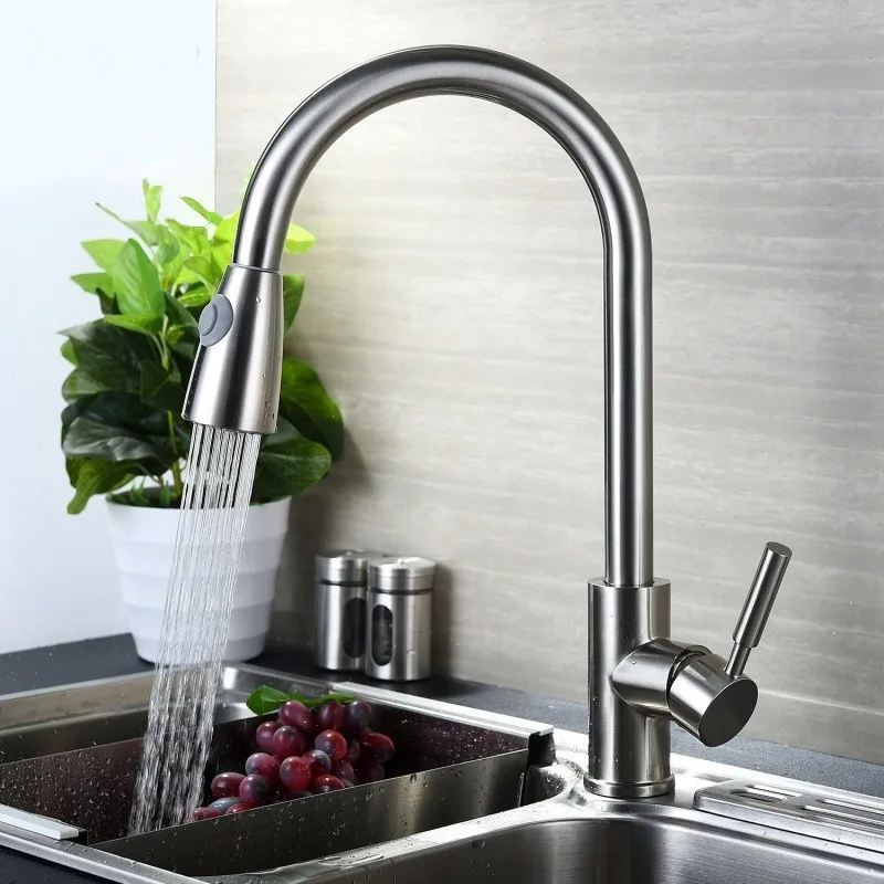 

Nickel Brushed Kitchen Faucet 360 Degree Rotation Pull Out Basin Vessel Sink Faucet Single Hole Handle Swivel Water Mixer Tap