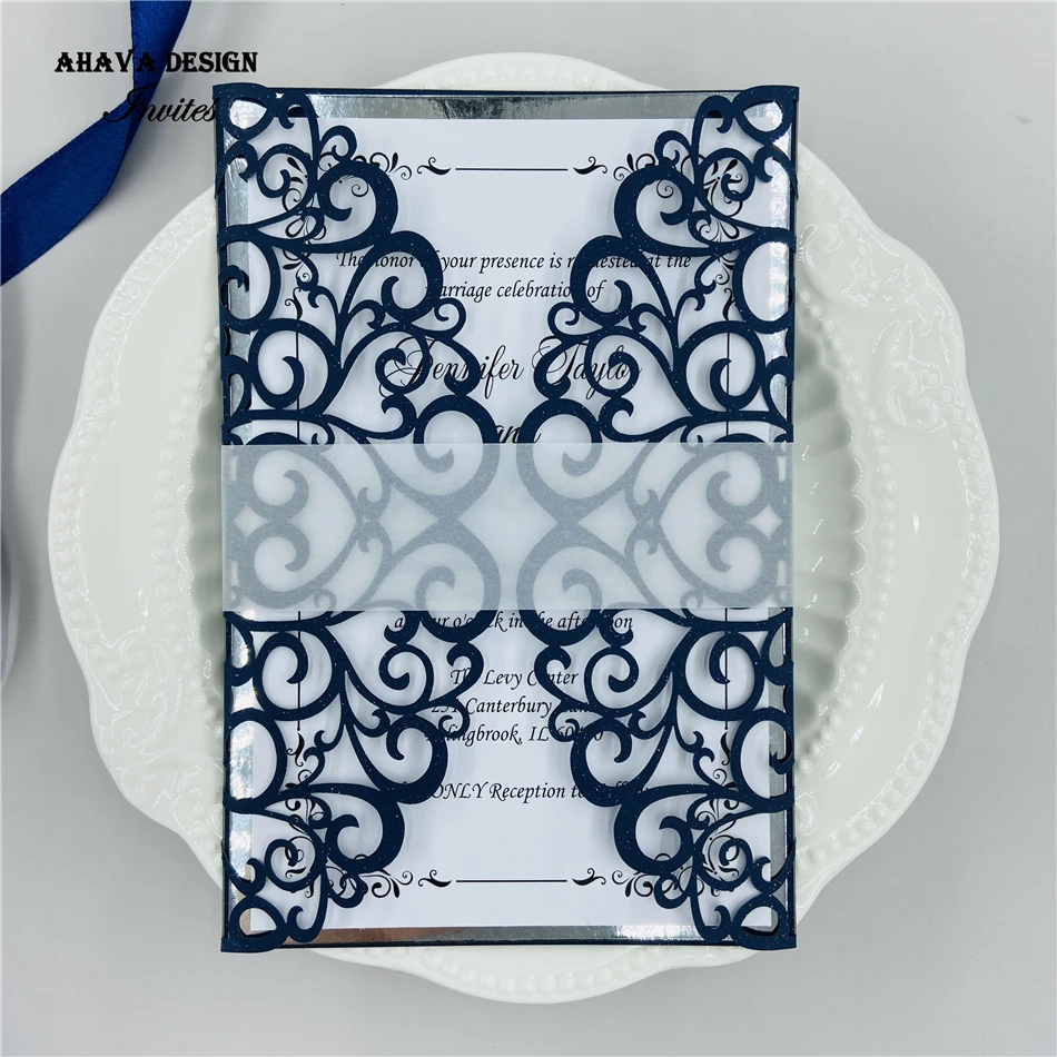 Лазерная резка роскошные цветочные темно синие свадебные пригласительные