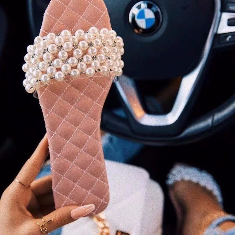 

Women's Plus Size Slippers Summer Latest Fashion One-word Drag Flat Pearl Outer Wear Slippers Women's Shoes Zapatos De Mujer