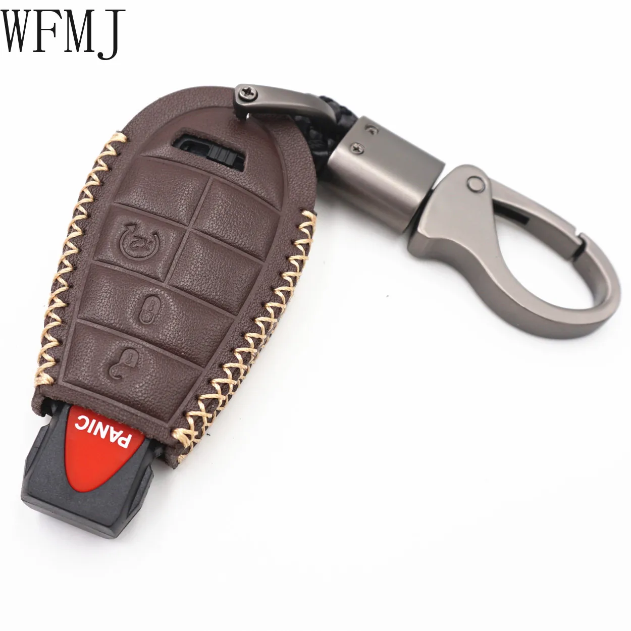 WFMJ Brown Leather for Chrysler 300 Dodge Grand Caravan Journey Magnum Ram Jeep Grand Cherokee 4 Buttons Key Fob Case Cover