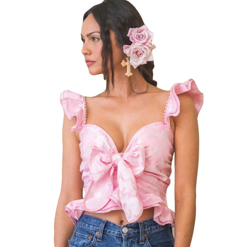 Ретро элегантные топы с v-образным вырезом Женские топики летние модные розовые