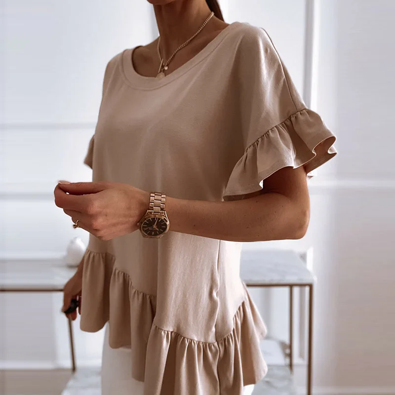

2021 Fashion Ruffle Short Sleeve Solid Tops Women Casual O-Neck Shirt Blouse Pullover Elegant Lady Irregular Summer Shirts