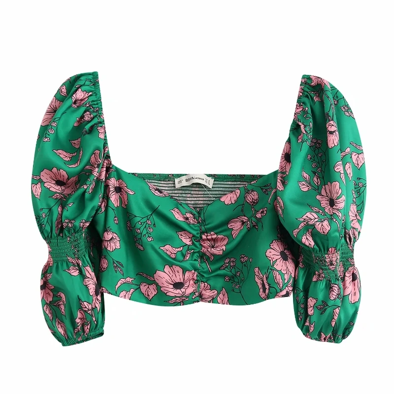 Женская эластичная короткая рубашка с квадратным вырезом и цветочным принтом