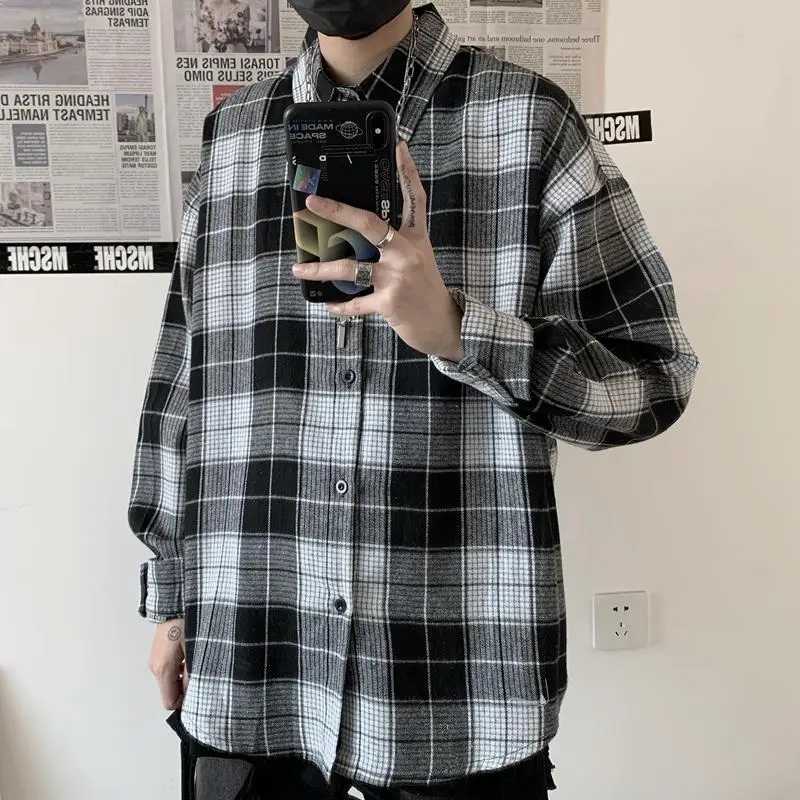 Fashion Japanese Vintage Plaid Shirt Korean Style Long Sleeve Loose Casual Harajuku Oversized Button Up Tartan Shirt