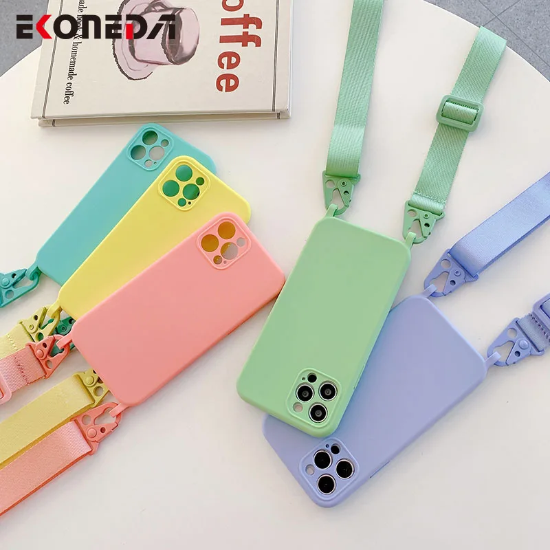 

EKONEDA Crossbody Neck Shoulder Strap Case For iPhone 11 12 Pro XS Max X XR 7 8 Plus Case Silicone Soft TPU Liquid Back Cover