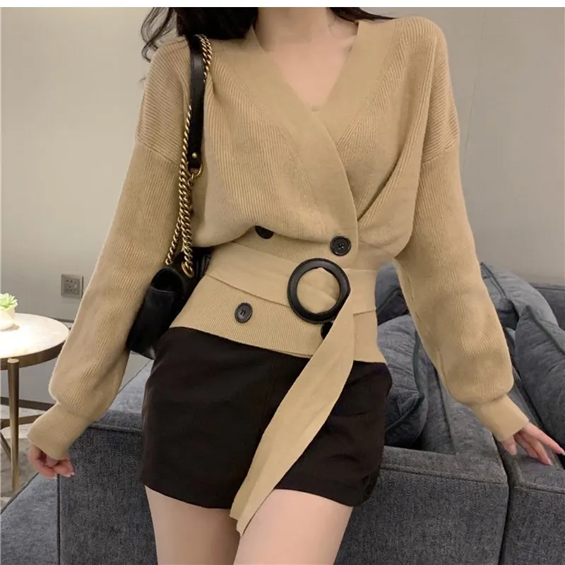 Fashion Elegant V Neck Double-Breasted Sashes Cardigan Office Lady Women Knitted Harajuku Sweater Ladies Jumpers |