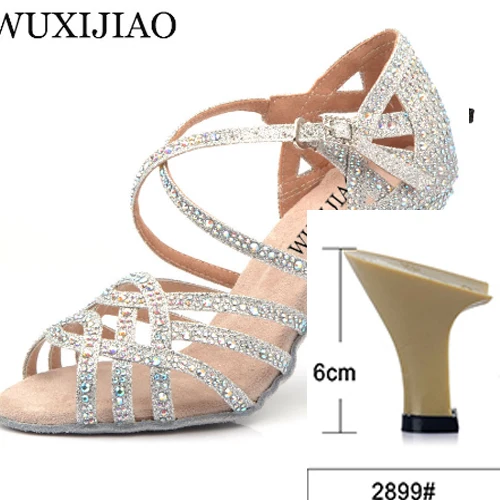 Silver heel 6cm WUXIJIAO/серебристые и Синие стразы; обувь для латинских танцев; женская Обувь для бальных танцев; обувь для вальса на высоком каблуке 9 см; Лидер продаж - Цвет: Silver heel 6cm