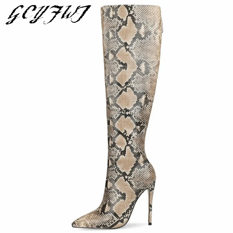 

Women Knee High Boots Snake Print Mixed Colors Pointed Toe Thin Heels Ladies Shoes Zipper-Sid Breathable Sexy Zapatos De Mujer