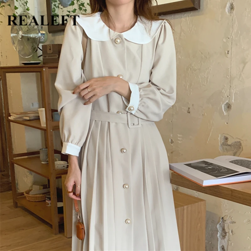

REALEFT Autumn Winter 2021 New Single Breasted Women Shirts Dresses with Belted High Waist Long Sleeve Midi Dress Pockets Female
