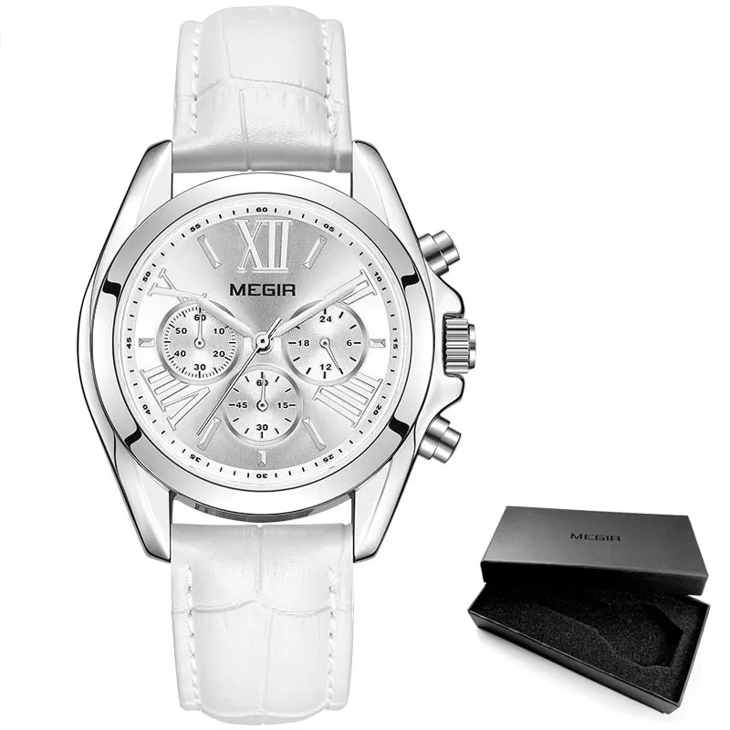 ML2114L-White MEGIR2019, новинка, роскошные женские часы с кожаным ремешком, Лидирующий бренд, хронограф, кварцевые наручные часы, женские часы, женские часы, 2114 белый цвет - Цвет: ML2114L-White