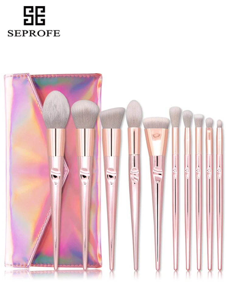 10 pcs brushes with bag Новинка, 10 шт., кисти для макияжа из розового золота, пудра для макияжа, Кисть для макияжа, тени для век, наборы кистей для макияжа для бровей+ Розовая полиуретановая сумка - Handle Color: 10 pcs brushes with bag
