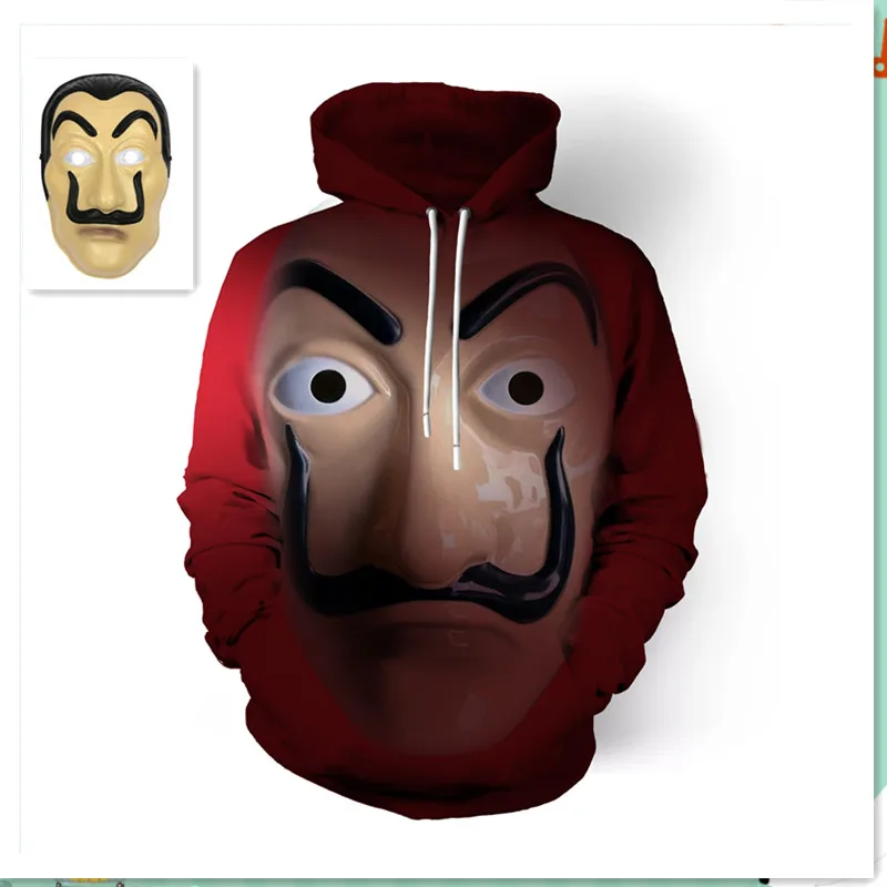 Hoodie with mask Salvador Dali грабежный бумажный дом La Casa De Papel Косплей Костюм деньги heist футболка с капюшоном пальто куртка для мужчин и женщин Топ - Цвет: Hoodie with mask